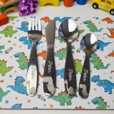 Dino Personalized Children cutlery set engraved with CUSTOM Name and Cartoon 